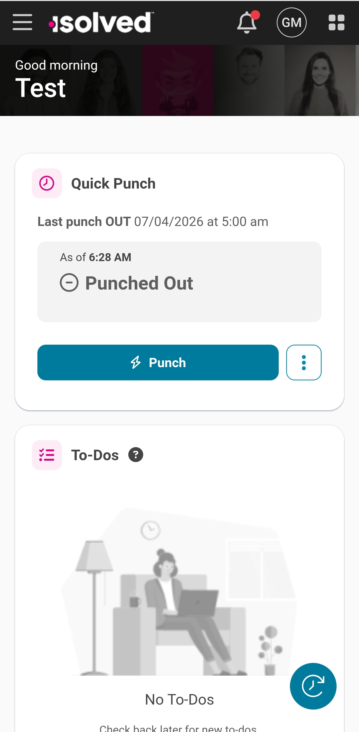 iSolvedTime mobile app — Quick Punch clock-in screen