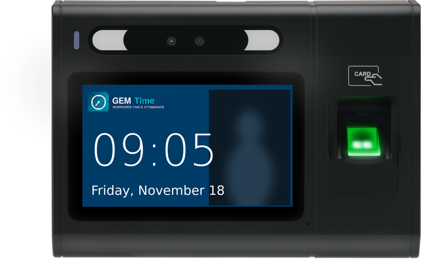 LTIMA5 biometric time clock showing GEM Time