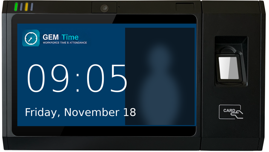 LTIMA7 biometric time clock showing GEM Time