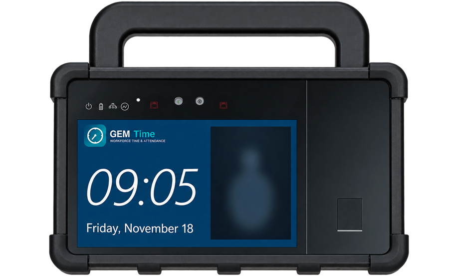 LTIMA7P portable rugged biometric time clock showing GEM Time
